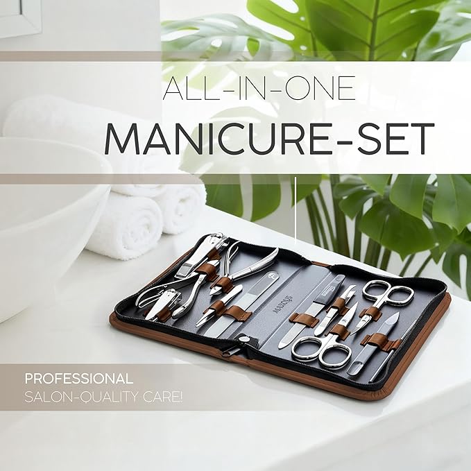 Manicure Set Women and Men – 12-Piece Professional Grooming Kit with Premium Tools, Genuine Leather Case, and exclusive Glass Nail File for Hand & Foot Care, German Quality