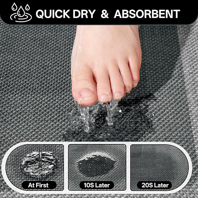 Non Slip Bath Mat Bathroom Rugs, Quick Dry Super Absorbent Washable Bath Shower Mats, Rubber Backing Ultra Thin Bathroom Rug Fit Under Door, Grey 16x24