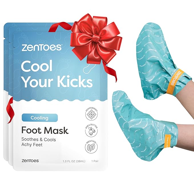 ZenToes Cooling Foot Mask - Hydrating Peppermint & Shea Butter Sheet Masks with Menthol for Soothing Tired, Achy, Dry Feet - Spa Treatment at Home, Paraben & Sulfate Free, 3 Pairs