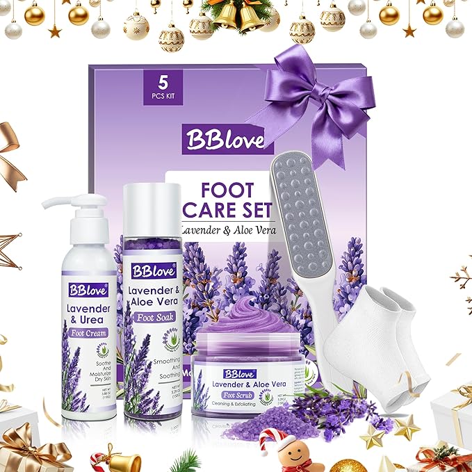 Lavender Foot Soak Set - Moisturizing Gel Socks, Foot File,Salt, Scrub, Foot Cream-5-in-1 Spa Care Kit & Cracked Heel Treatment, Exfoliating Dead Skin Repair Care Gift Set for Him and Her