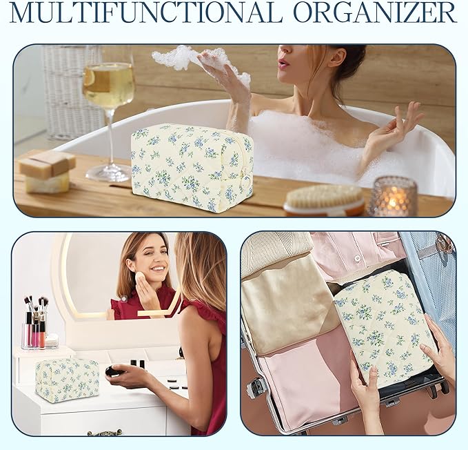 Quilted Makeup Pouch,Cotton Puffy Makeup Bag, Coquette Cosmetic Bag for Women and Girls, Aesthetic Organizer Bag, Cute Flower Travel Toiletry Bag