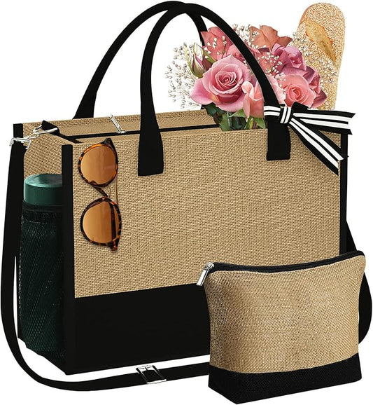 YOOLIFE Christmas Gifts for Women - Initial Jute Tote Bag & Makeup Bag, Birthday Gifts for Women Mom Wife Teacher Friend