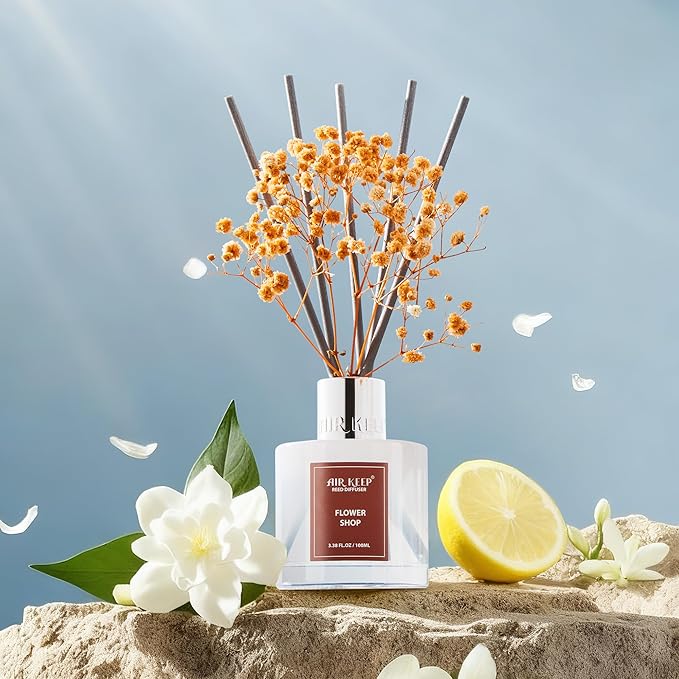 Airkeep Reed Diffuser Set,3.38 fl oz (100 ml) - Flower Shop Oil Diffusers with 8 Reed Sticks, Home Fragrance Reed Diffuser for Bathroom Shelf Decor