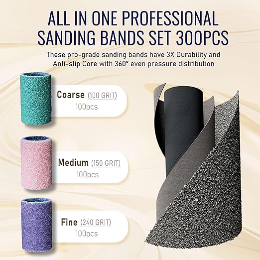 Maryton 300 Pcs Sanding Bands for Nail Drill, Coarse/Medium/Fine Nail Sanding Band Bulk for Professional Salons Manicures and Pedicures