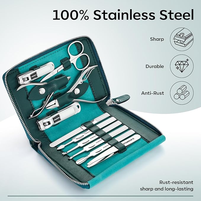 FAMILIFE Nail Kit, Professional Manicure Set Manicure Kit, 11 in 1 Stainless Steel Nail Clippers Set Pedicure Tools, Men Grooming Tool with Portable Blue Leather Travel Case Luxury Gifts for Him