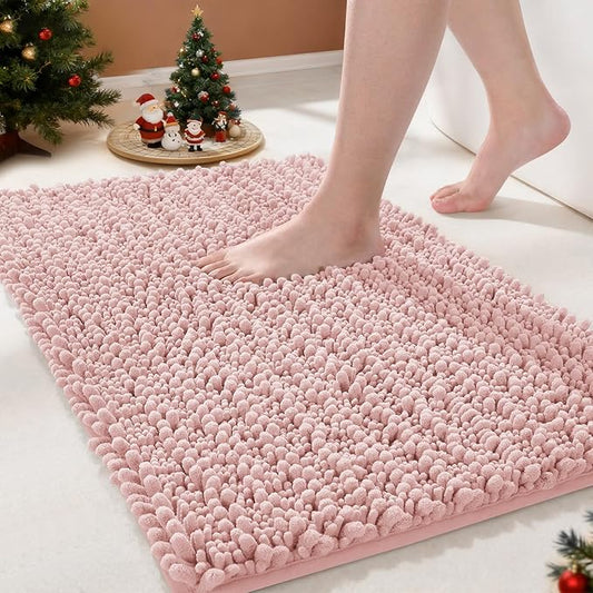 Yimobra Bathroom Rugs Non Slip Washable - Ultra Soft Absorbent Chenille Bath Mat, Quick Dry Shaggy Floor Carpet for Tub Shower, Light Pink Home Decor Accessories, 24x17 Inch