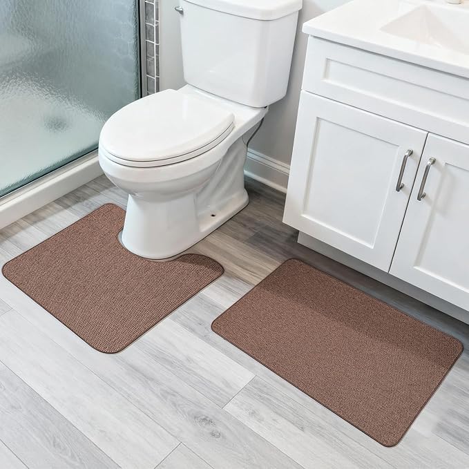 Bathroom Rugs Set 2 Pieces,Thin Bathroom Mats,Toilet Rugs,Quick Dry,Non-Slip,Machine Washable,Low Pile,Absorbent Bath Mats,Shower,Sink,Home Decor Accessories.Brown,1'5"x2'3"+1'8"x2" U Shape