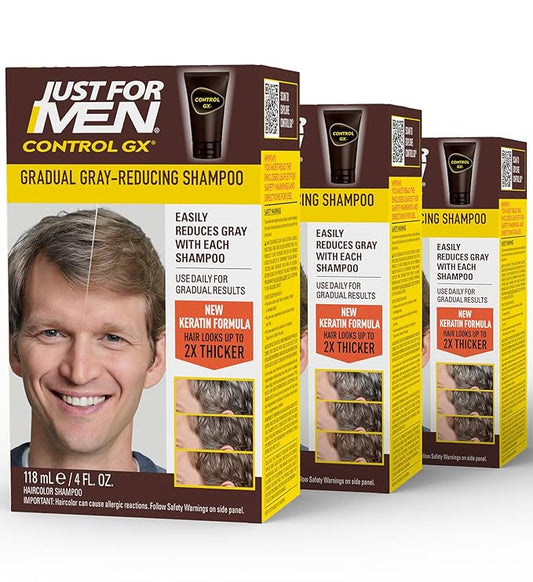 SHAMPOO Just for Men Control GX Grey Reducing for Lighter Shades of Hair, Blonde to Medium Brown, Gradual Hair Color with Keratin, 4 Fl Oz - Pack of 3 (Packaging May Vary)