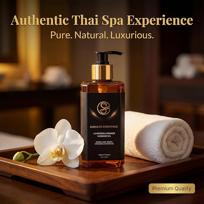 Aromatherapy Massage Oil - Lavender Oil & Orange 10 Fl Oz - Thai Body Oil for Massage Therapy with Jojoba, Avocado, Argan, Aloe, Almond – Relaxing Body Care & Self-Care