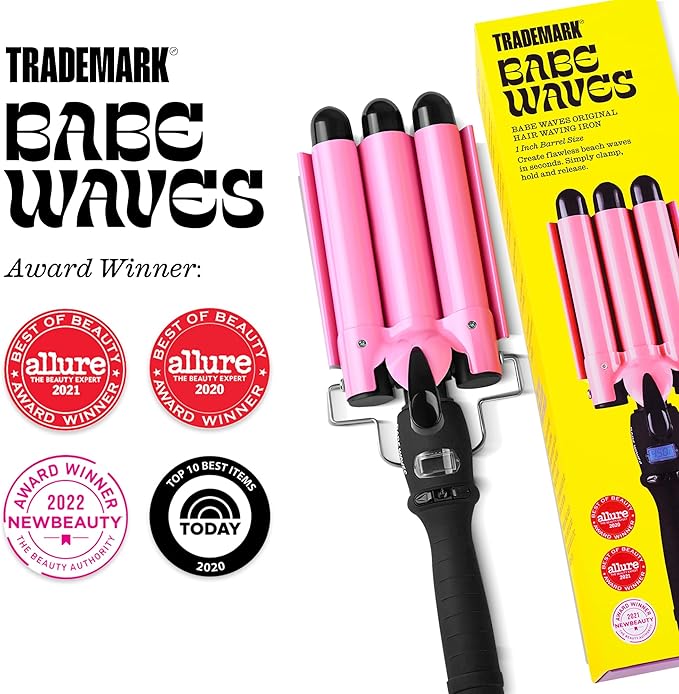 Trademark Beauty Three Barrel Hair Waver, Curling Iron, 1 Inch, Beach Waves, Quick Heat, Babe Waves Original, Adjustable Temperature Hair Curler - Pink