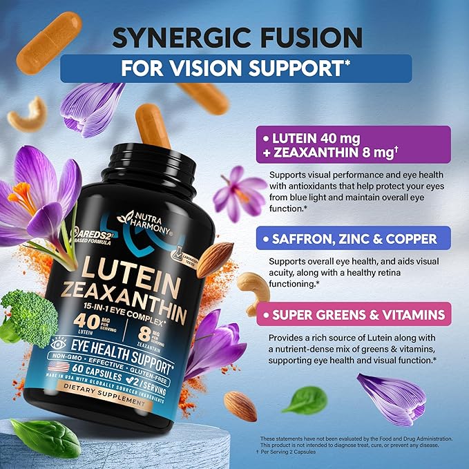 Eye Vitamins - Lutein and Zeaxanthin Supplements - AREDS2 Based Supplement for Seniors & Adults - Eye Health & Vision Support - Saffron, Zinc, Vitamins, Copper, Super Greens - Made in USA, 60 Capsules
