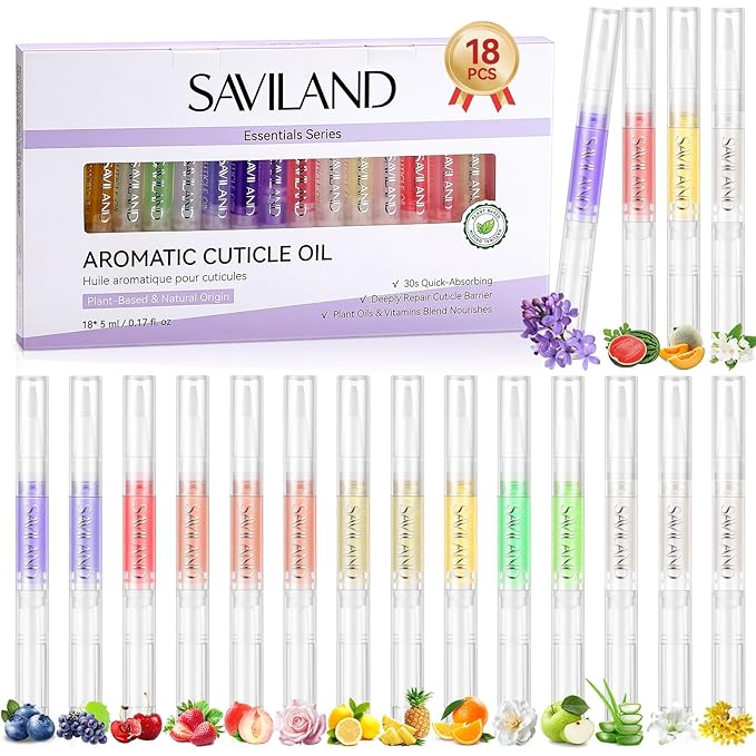 SAVILAND Natural Cuticle Oil Pen: 18 PCS Plant-Based Cuticle Oil for Nails Quick-Absorbing Nail Oil Pen with Vitamin E Deeply Repair Cuticle Softener For Damaged Dry Nails Nourish Skin Nail Care