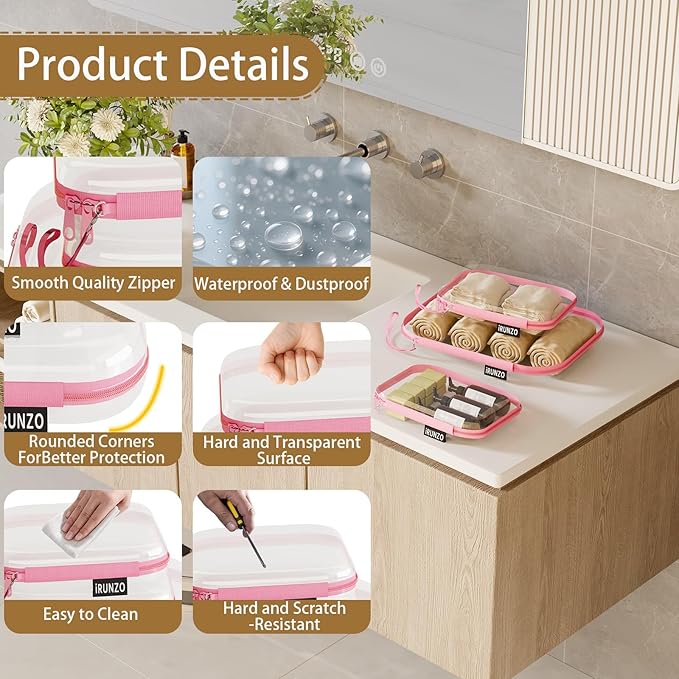 3 PCS Clear Hard Shell Zipper Case With Handle Strap，Clear Plastic Waterproof Cosmetic Makeup Bags Toiletry Pouches for Travel With Double Zipper，Kid's Toy Storage Organizer Bins Box