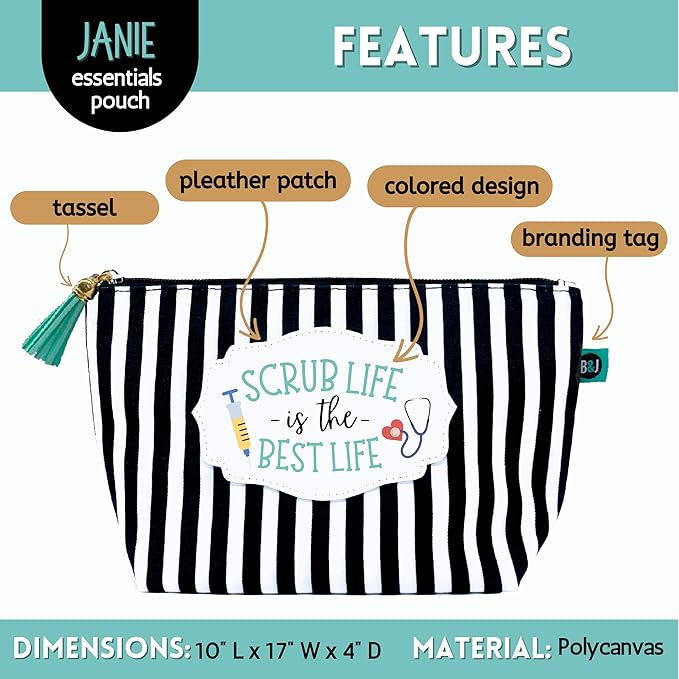 Brooke & Jess Designs Scrub Life Pouch Gifts for Women Striped Makeup Bags Cosmetic Bag Travel Toiletry Makeup Pouch Pencil Bag with Zipper Best Birthday Nurse Gifts