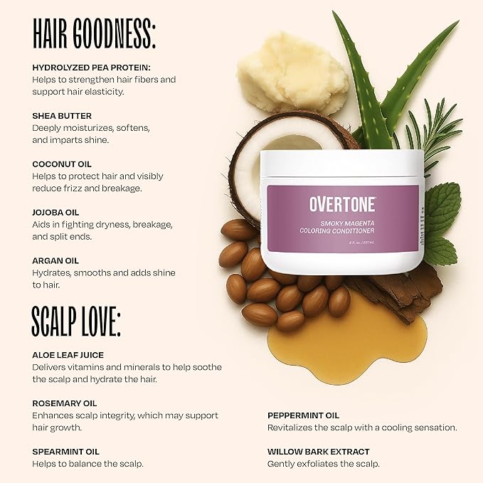 oVertone Haircare Color Depositing Conditioner - 8 oz Semi-Permanent Tint with Shea Butter & Coconut Oil - Temporary Vegan, Cruelty-Free Hair Tint/Dye - Smoky Magenta