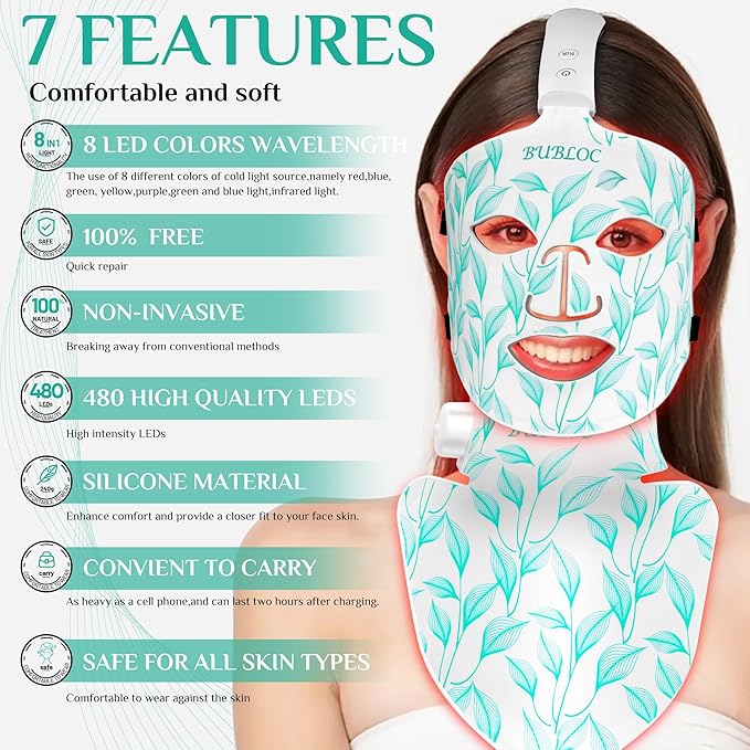 Red Light Therapy Mask Kit, 7+1 Color Near-infrared 850 Light for Neck & Decollete, Portable and Rechargeable, Cordless, Light Therapy At Home and Wireless Led Face Mask [BMask&Neck Pro]