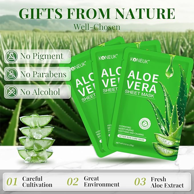 30 Pack Aloe Vera Hydrating Face Masks Skincare, Moisturizing & Soothing Sheet Face Mask for Skin Care, Bulk Aloe Face Masks for After Sun Care and Sunburn Relief