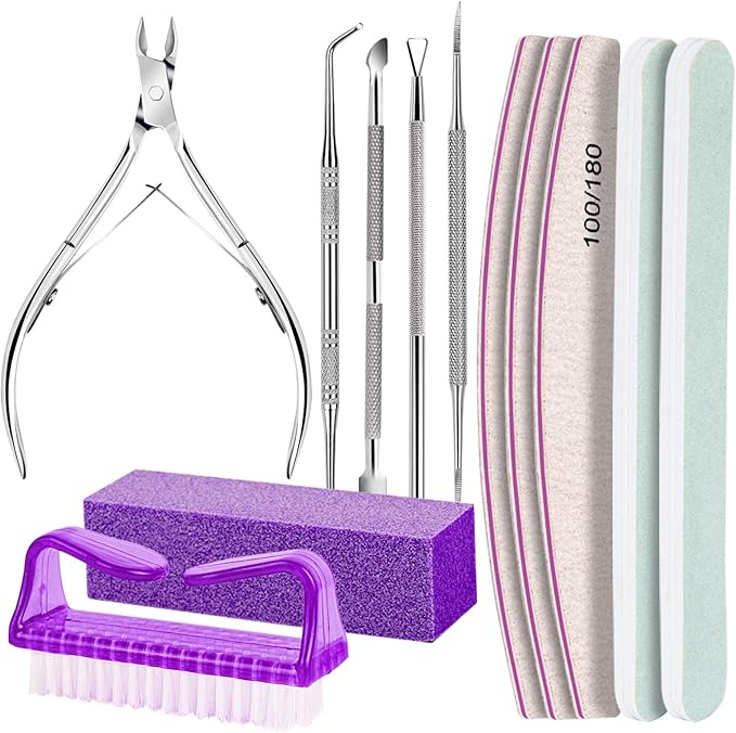 FANDAMEI Manicure and Pedicure Tools Kit, Manicure Kit, Nail Files 100/180, Nail Buffer Block, Nail Cuticle Nippers, Cuticle Pusher, Cuticle Peeler, Ingrown Toenail Tool, Toenail File, Purple