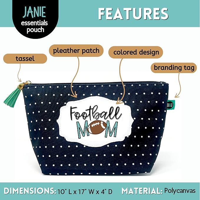 Brooke & Jess Designs Sports Mom Football Pouch Gifts for Women Dotted Makeup Bags Cosmetic Bag Travel Toiletry Makeup Pouch Pencil Bag with Zipper Best Mommy Birthday Just Because Gifts
