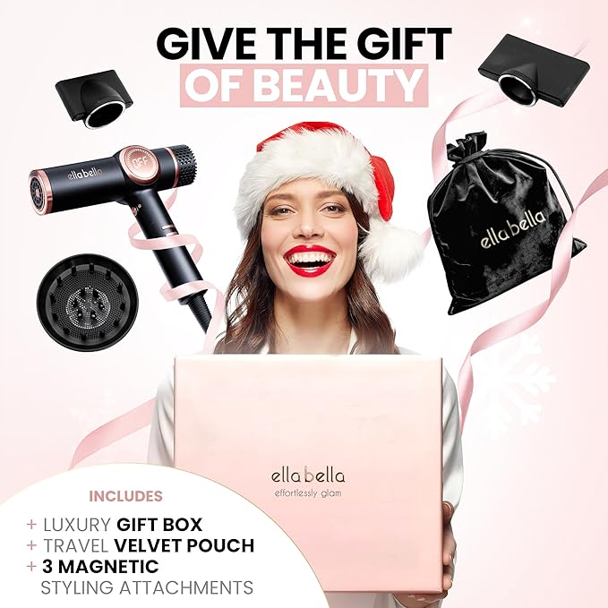 ELLA BELLA® Professional Ionic Hair Dryer with Diffuser • Negative Ion Blow Dryer • Suitable All Hair Types • Intelligent Heat Control & Rapid Drying Speeds • Lightweight Design • Low Noise Technology