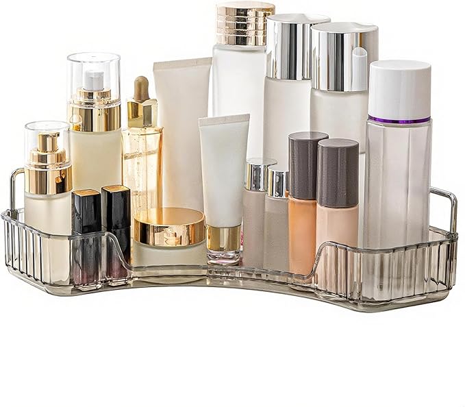 YCIA&DONE Corner Bathroom Counter Organizer, Makeup Organizer for Vanity, Skincare Cosmetic Perfume Tray, Corner Countertop Shelf Rack Storage for Bathroom Kitchen 1 Tier (Smoky Gray)