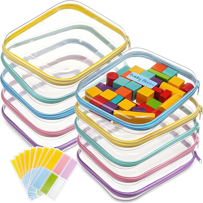 Sanwuta 10 Pcs Hard Zipper Case Clear Hard Pouches Plastic Zipper Pencil Box Toy Storage Bins Portable Plastic Container for Travel Toiletry Office Cosmetic Block Puzzle Organizer (M,Macaron Color)