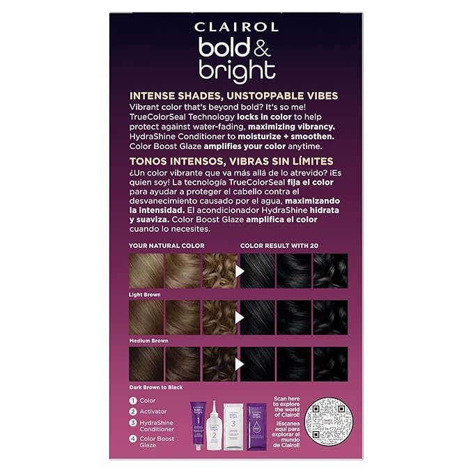 Clairol Bold & Bright Permanent Hair Dye, 20 Black Licorice Hair Color, Pack of 1