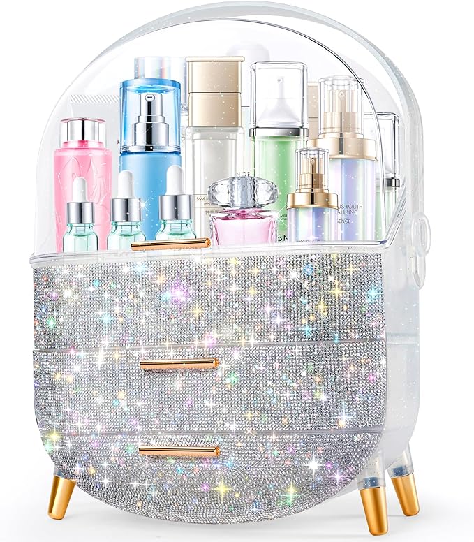 Teen Girls Gift Makeup Organizer, Skincare & Jewelry Storage, Cosmetics Display Case, Makeup Holder, Bathroom Organizer (Bling Rhinestone)