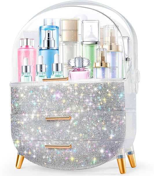 Teen Girls Gift Makeup Organizer, Skincare & Jewelry Storage, Cosmetics Display Case, Makeup Holder, Bathroom Organizer (Bling Rhinestone)
