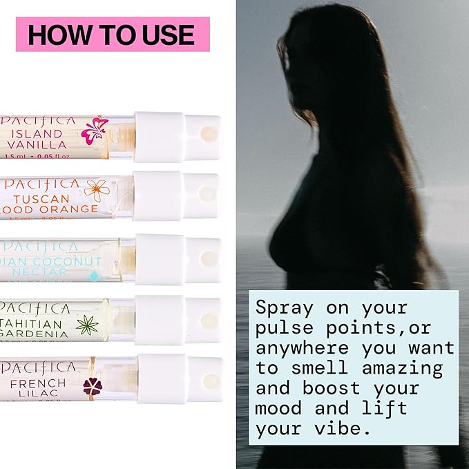 Pacifica Beauty, Wanderlust Spray Perfume Trial Set, Island Vanilla, 5 Scents, Fragrance Sampler Gift Set, Natural & Essential Oils, Clean, Vegan & Cruelty Free