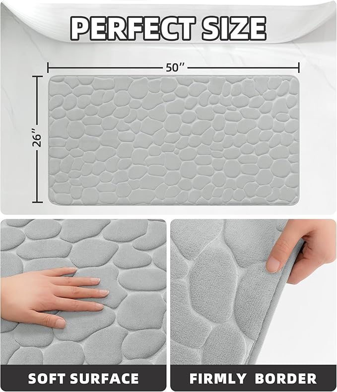 YIHOUSE Memory Foam Runner Rug, Cobblestone Bathroom Runner Rugs Super Water Absorbent Bath Mats for Bathroom Machine Washable Bath Rugs for Hallway Bedroom Laundry Room(26 x 50,Light Gray)
