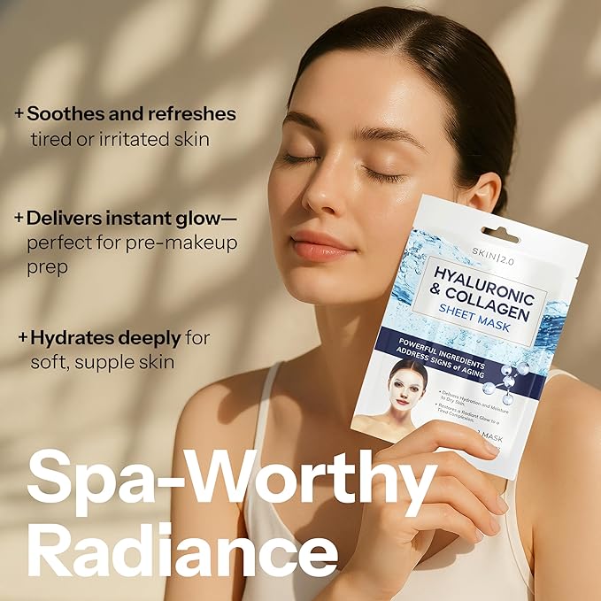 Hyaluronic Acid & Collagen Sheet Mask - Hydrating, Anti-Aging, Firming - Dermatologist Tested Korean Skincare - Clean Beauty, Natural Ingredients, Cruelty-Free, All Skin Types - Pack of 5