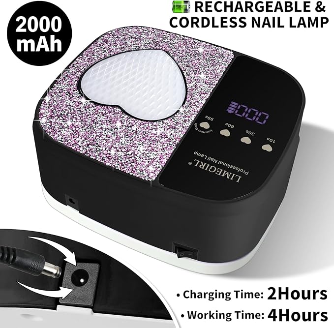 LIMEGIRL UV LED Nail Lamp Kit for Gel Polish Professional Fast Curing Black Dryer Light Set with 4 Timer Settings Cordless Rechargeable Nail Art Cure Machine for Manicure Pedicure at Home and Salon