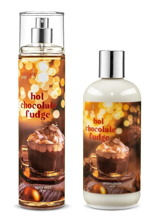 Freida & Joe Hot Chocolate Fudge Body Lotion & Body Mist Bundle – 10oz Moisturizing Lotion + 8oz Fragrance Spray | Sweet Cocoa & Fudge Scented Bath & Body Set