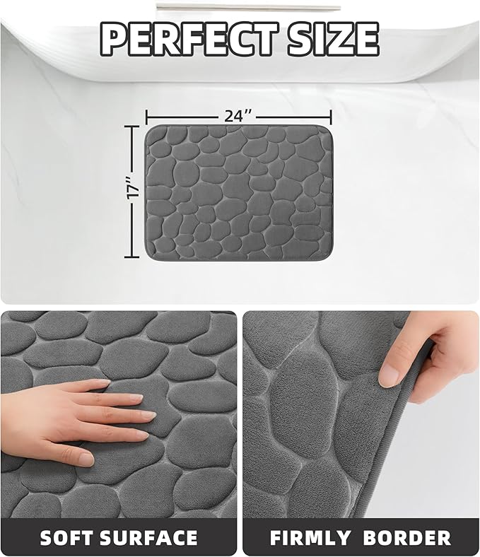 YIHOUSE Bathroom Mat Rug, Memory Foam Bath Mat, Non-Slip Bathroom Floor Mats, Cobblestone Bath Mats Absorbent Bath Rugs Washable Quick Dry (17x24,Dark Gray)