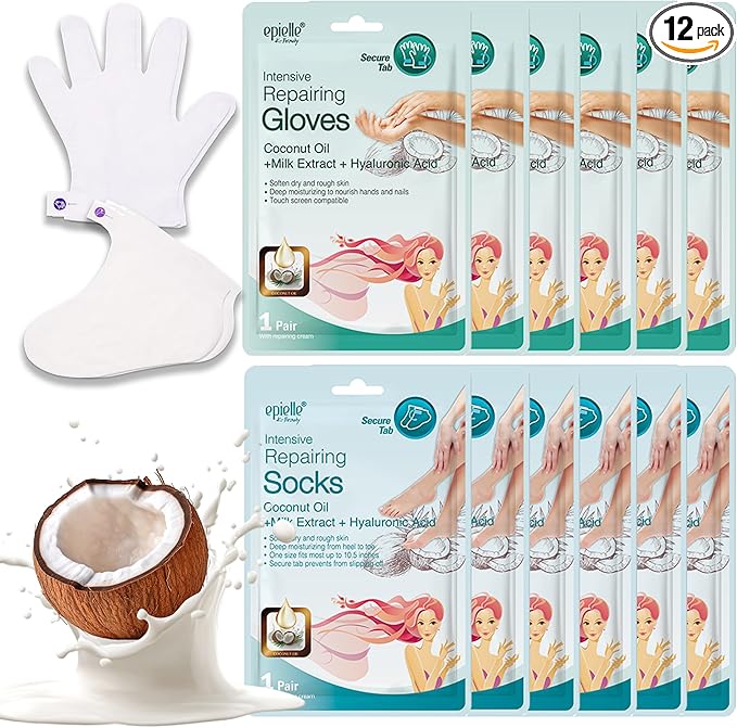 Epielle Intensive Repairing Hand & Foot Masks for Dry, Cracked Skin, Self Care Gifts for Women, Spa Kit, Stocking Stuffers, Thanksgiving Essentials, 6 Moisturizing Gloves & 6 Moisturizing Socks