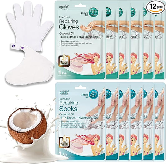 Epielle Intensive Repairing Hand & Foot Masks for Dry, Cracked Skin, Self Care Gifts for Women, Spa Kit, Stocking Stuffers, Thanksgiving Essentials, 6 Moisturizing Gloves & 6 Moisturizing Socks
