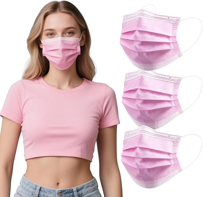 akgk 100PCS Pink Disposable Face Masks, 3-Ply Breathable Pink Face Mask For Adults