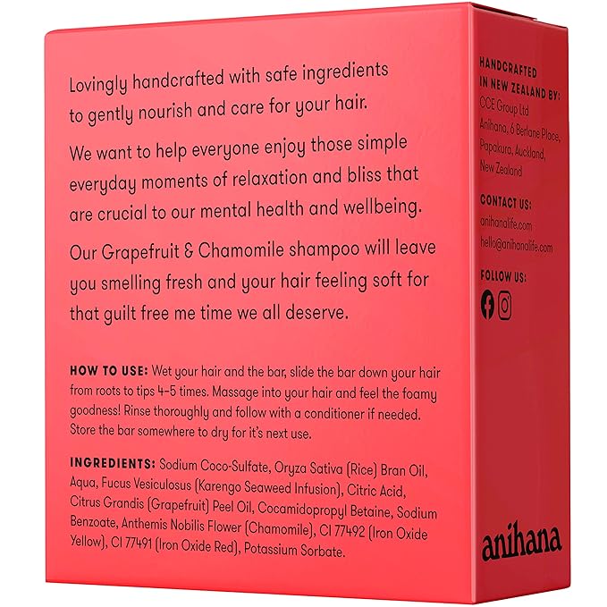 ANIHANA Shampoo Bar for Dry Damaged Safe For Color Treated Hair Moisturizing Hydrating Healthy Looking Hair Paraben Free Grapefruit and Chamomile 2.29 oz