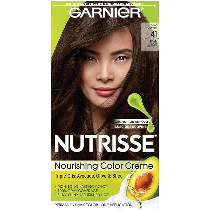 Garnier Hair Color Nutrisse Nourishing Creme, 41 Dark Nude Brown (Iced Coffee) Permanent Hair Dye, 1 Count (Packaging May Vary)