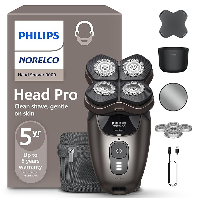 Philips Norelco Head Shaver Pro 9000 Series - Skull Shaver for Men and Women, 360° Flexing Head & ComfortCut Blades for Clean Shave, Gentle on Skin, Model HS9980/40