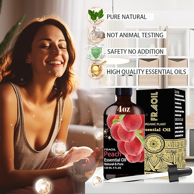 Peach Essential Oil, Peach Oil 4 Fl Oz 120ML for Diffuser Humidifier Yoga Cleaning DIY Candle Soap Making Perfume Gift for Women Essential Oils