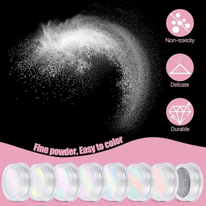 Artdone 8 Jars Chrome Nail Powder Magic White Pearl Kit Mirror Effect Silver Metallic Holographic Dip Nail Powder Decoration Iridescent Aurora Mermaid Pigment