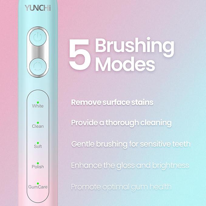 YUNCHI Sonic Electric Toothbrush for Adults & Kids, Rechargeable Battery Electric Toothbrush, 8 Brush Heads, 5 Modes, 44000 VPM Motor, 2 Min Smart Timer, IPX7 Waterproof, Travel Case, 90 Days-Gradient