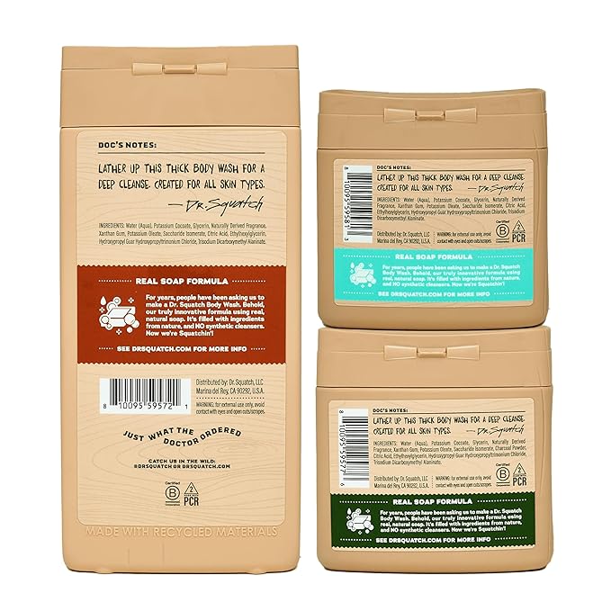 Dr. Squatch NEW Body Wash for Men with Nourishing, Natural Ingredients | No Paraben, Phthalate, Sulfate | Wood Barrel Bourbon (14 oz), Coconut Castaway & Pine Tar (8 oz, 2-Pack) & Body Scrubber