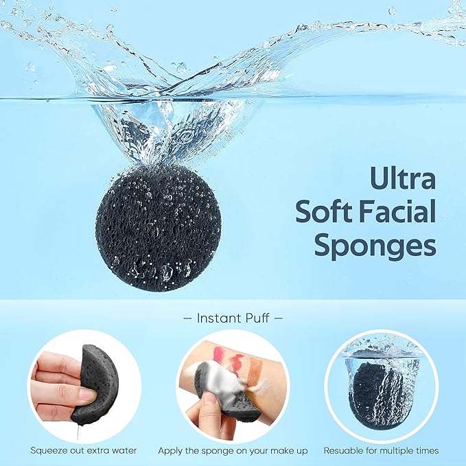 GAINWELL 50-Count Black Compressed Facial Sponges for Daily Facial Cleansing and Exfoliating, 100％ Natural Cosmetic Spa Sponges for Makeup Remover, Reusable