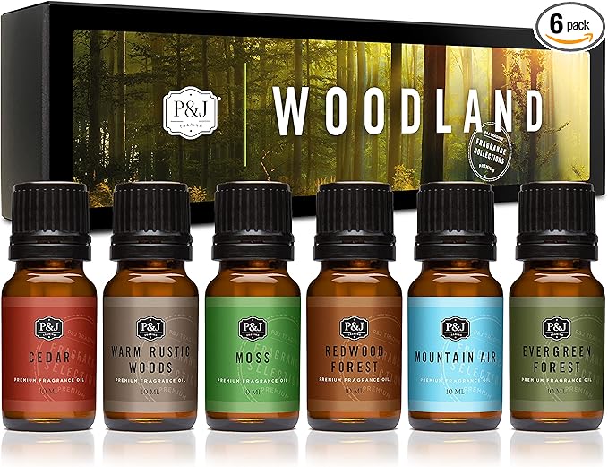 P&J Trading - Woodland Set of Scented Oils - Cedar, Warm Rustic Woods, Moss, Redwood Forest, Mountain Air, Evergreen Forest Fragrance Oils for Candle Making, Soap Making, Diffuser Oils