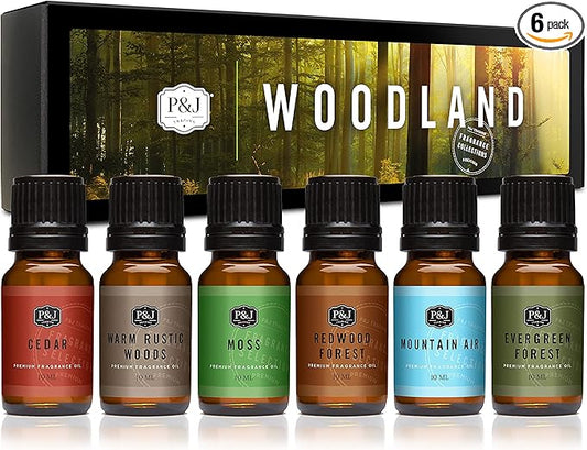P&J Trading - Woodland Set of Scented Oils - Cedar, Warm Rustic Woods, Moss, Redwood Forest, Mountain Air, Evergreen Forest Fragrance Oils for Candle Making, Soap Making, Diffuser Oils