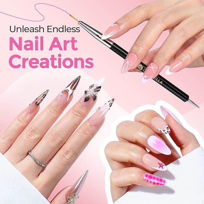 UNA GELLA Nail Art Brushes Set 6PCS Black Color Double-ended Acrylic Nail Design Brush Set Nail Dotting Tools Nail Art Gel Polish Liner Brushes for Gel Polish Painting DIY Nail Salon