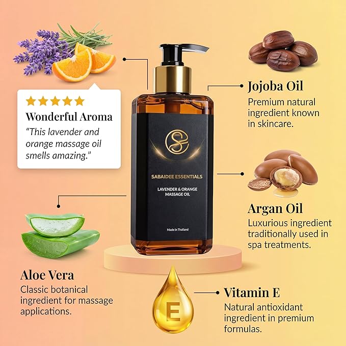 Aromatherapy Massage Oil - Lavender Oil & Orange 10 Fl Oz - Thai Body Oil for Massage Therapy with Jojoba, Avocado, Argan, Aloe, Almond – Relaxing Body Care & Self-Care